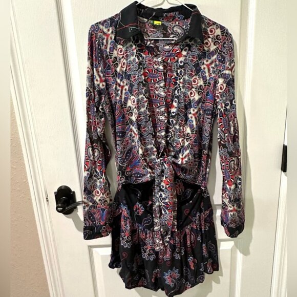 FARM RIO Paisley Snake Print Button Down Tie Front One Piece Romper - Picture 7 of 16